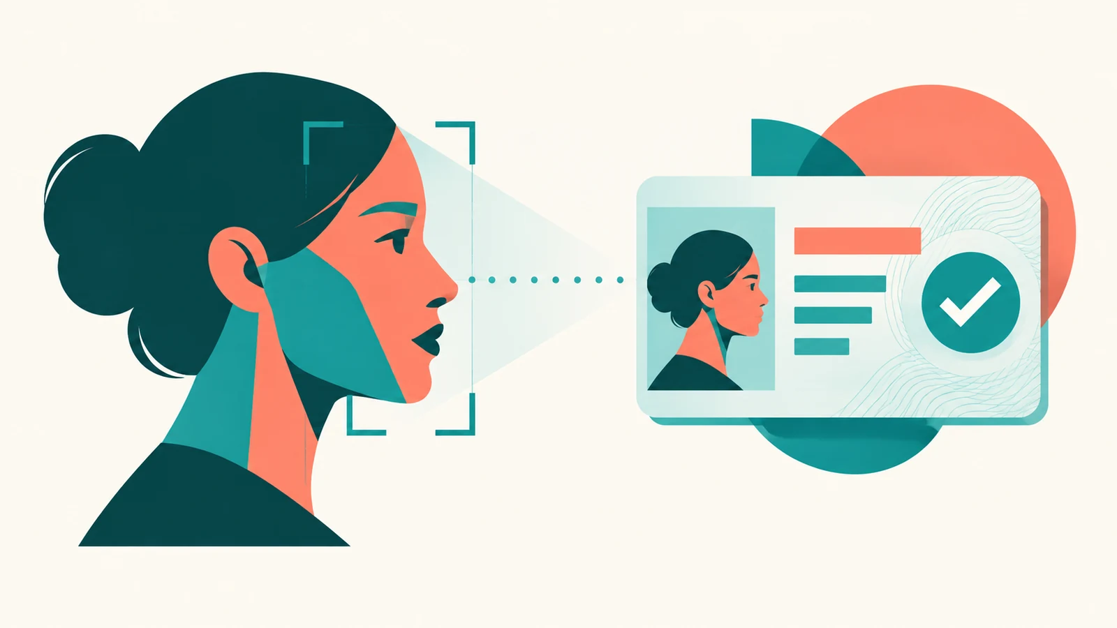 Bold flat editorial illustration in a teal and coral duotone: a person's profile at left joined by a matching arc of light to a verified government ID card at right, the two bound at the center by a checkmark seal, with a document-scan frame, a liveness reticle, and an enrollment badge beneath — the moment a real human is bound to a claimed identity before a credential is issued.