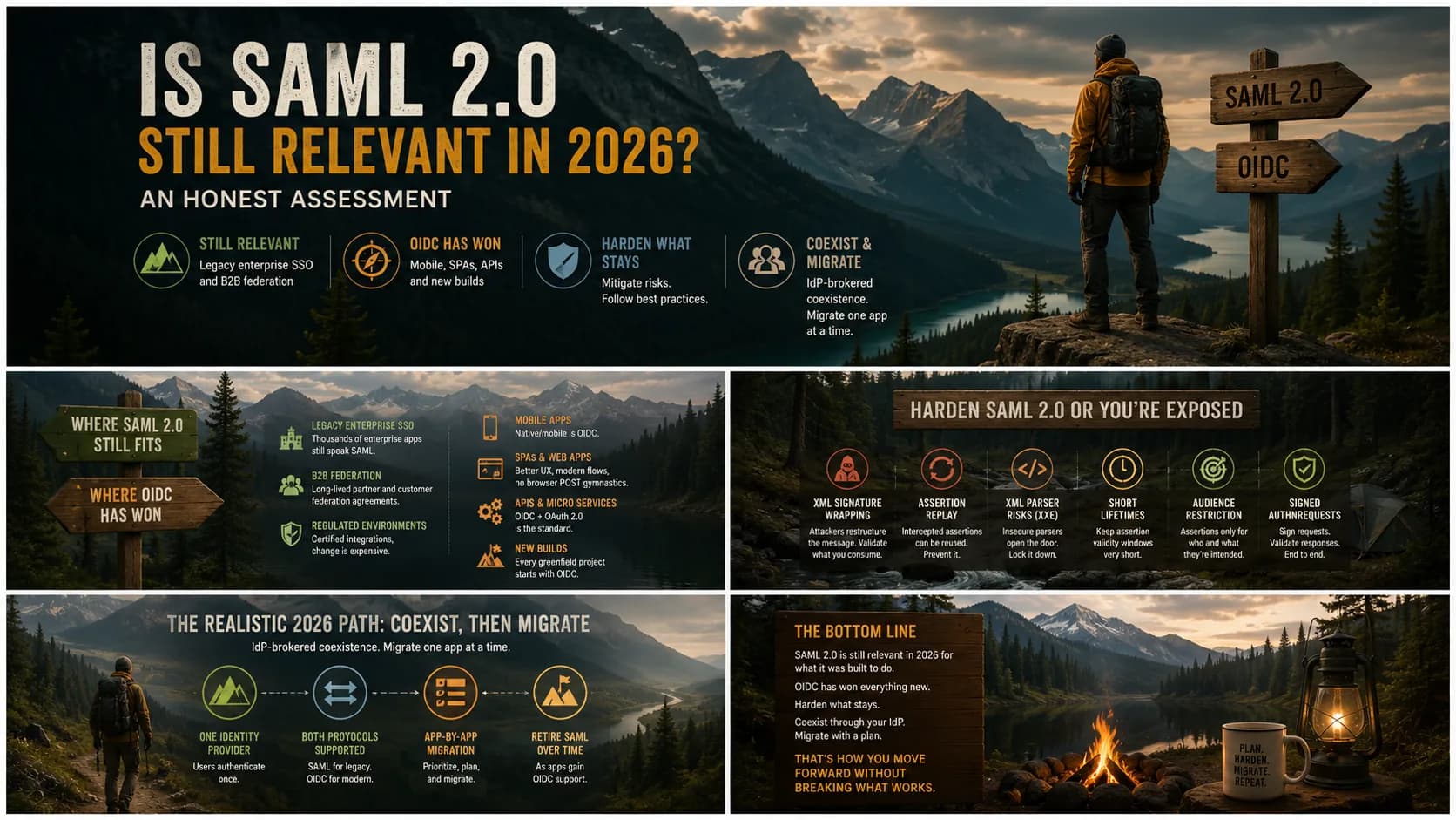 Photorealistic mountain-trail scene titled Is SAML 2.0 Still Relevant in 2026, An Honest Assessment: a hiker facing wooden signposts for SAML 2.0 and OIDC, with four labeled findings — still relevant for legacy enterprise SSO and B2B federation, OIDC has won mobile, SPAs, APIs and new builds, harden what stays, and coexist and migrate through IdP brokering one application at a time.