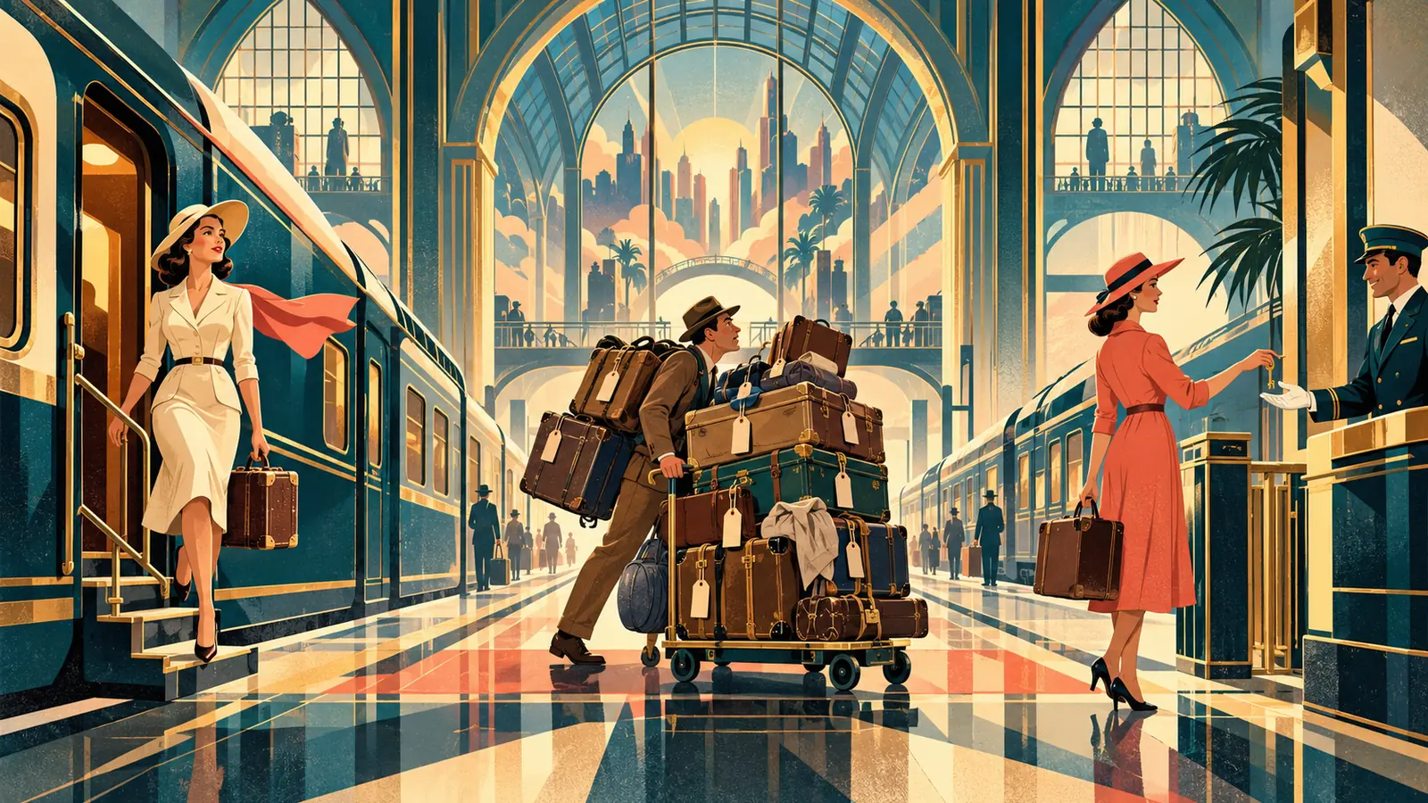 A vintage art deco travel-poster illustration in deep teal, coral, cream, and gold, with no text. In a grand railway station, a new arrival steps off a train with one suitcase, a traveler changing trains strains under a trolley piled high with tagged luggage, and a departing traveler hands a key back to an attendant at the gate.