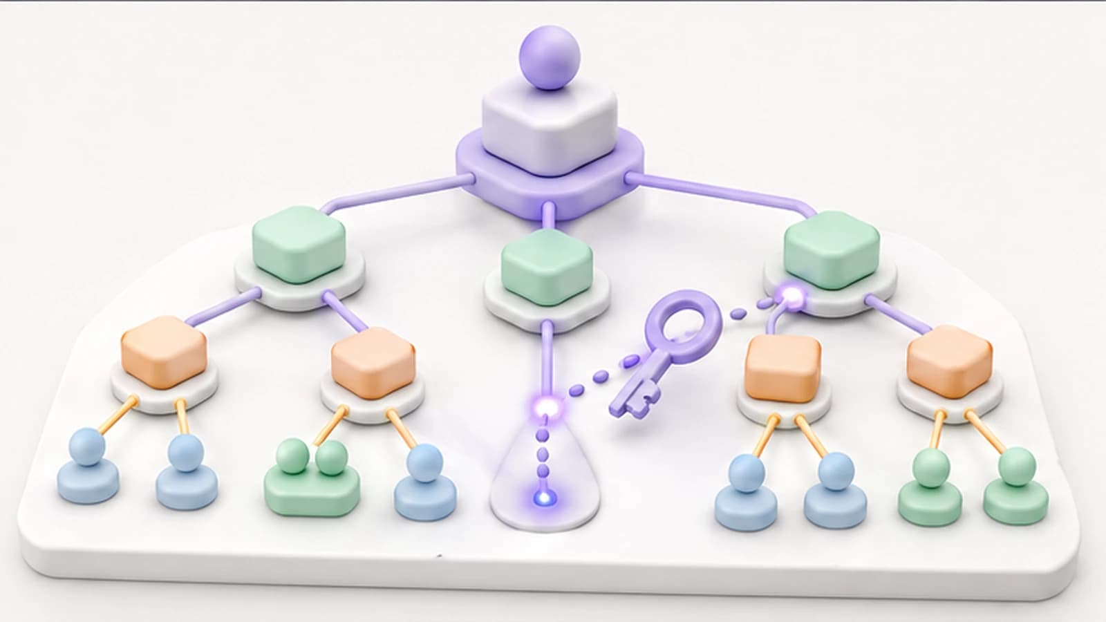 Bright pastel toy-isometric illustration of an LDAP directory tree — a rounded root node branching down to organizational-unit nodes and user and group leaf nodes, with a small violet key traversing the branches to represent a bind and search operation.