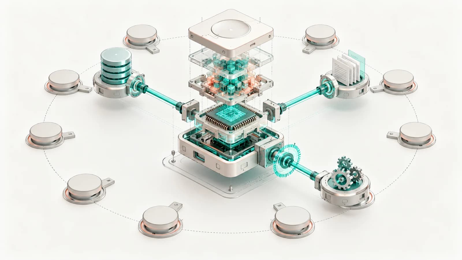 A clean isometric 3D illustration on a white background with no text. An exploded, layered AI-agent module glowing teal and coral sits at the center, linked by just three teal shafts to a database, a document stack, and a gear unit. Nine grey disc-shaped systems ring it on a dashed circle, left unconnected, suggesting an agent scoped to only the tools its task needs.