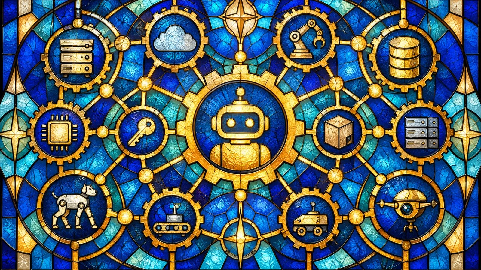A wide stained-glass leaded-mosaic hero panel on deep indigo. A small cluster of warm amber human-figure panes sits left; a vast tessellated field of cool blue and green machine glyphs — server nodes, container pods, API keys, TLS certificate seals, service tokens — repeats far beyond it, showing the order-of-magnitude ratio. Came lines link a violet governance rosette to every machine pane.