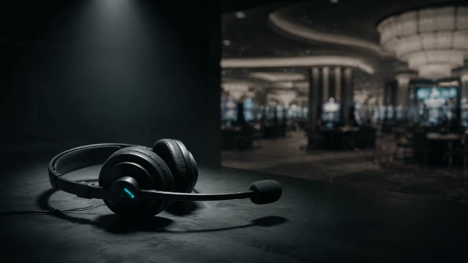 A close-up of a black call-center headset with a glowing teal microphone light resting on a dark surface, set against a blurred, dimly lit casino floor in the background with rows of glowing slot machines and an ornate ceiling — visually linking a routine help-desk phone call to the high-stakes environment it can compromise.