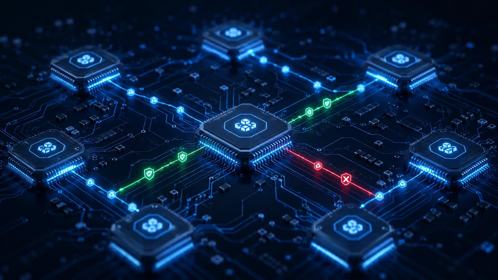 Abstract dark-navy circuitry and mesh network illustration representing a microservices architecture, showing interconnected service nodes joined by cyan and green trust-verified pathways with a soft violet glow in the corner, symbolizing distributed per-service workload identity replacing a single network perimeter as the security boundary.