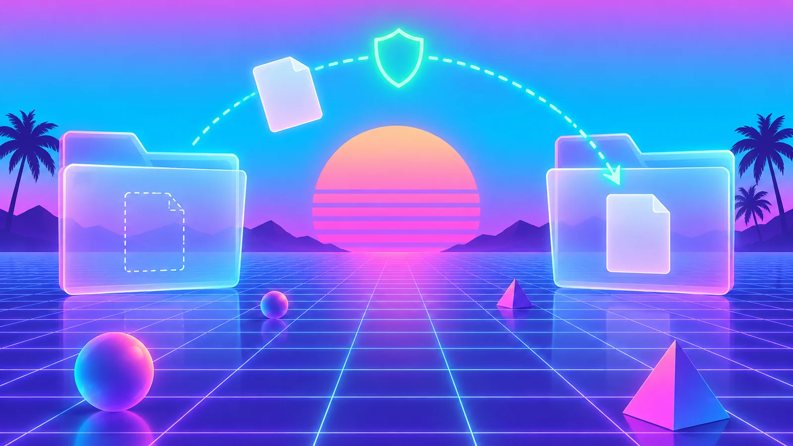 Vaporwave scene with no text: under a pink and cyan sunset sky with a striped sun and palm silhouettes, two translucent folders float above a neon grid floor. A blank document card glides on a dashed mint arc through a glowing shield from the left folder, which keeps a dashed outline where it sat, into the right folder.
