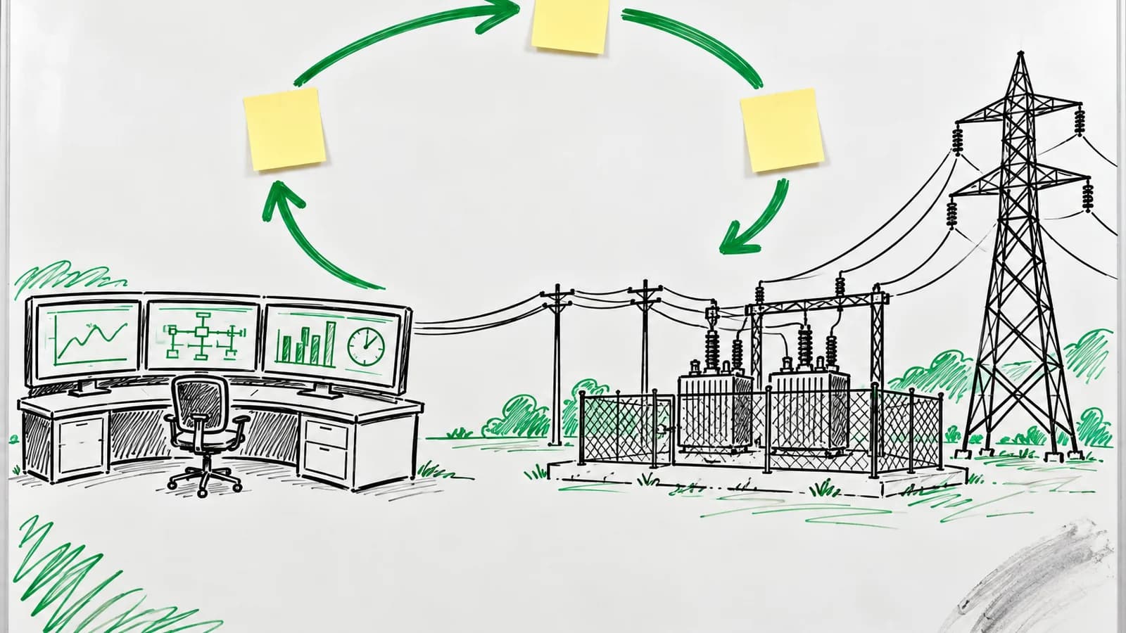 Hand-drawn whiteboard sketch in black and green marker: on the left a utility control-room desk with three monitors showing a trend line, a grid diagram and a clock beside an empty chair; power lines run right to a fenced substation with transformers and a tall steel transmission tower. Above, a green arrow loop links three blank yellow sticky notes.