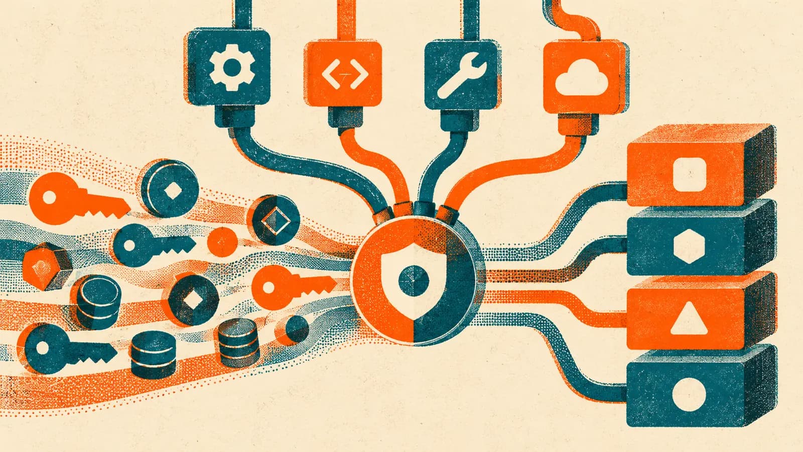 A risograph-style print in teal and orange ink on warm cream paper, with no text. Keys and coin-shaped tokens stream in from the left toward a round split-color shield checkpoint, which cables up to four tool blocks marked gear, code, wrench, and cloud, and out to a stack of four evidence blocks. It suggests OAuth tokens reaching MCP tools through a governance checkpoint.