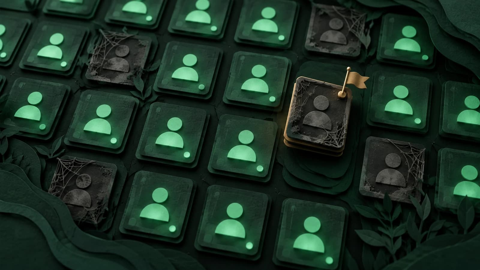 A layered emerald-noir paper-cut scene: rows of glowing green user-account cards, several rendered dark, dusty and cobwebbed to signal orphaned and dormant accounts, with one dead card lifted and flagged by a small brass flag for review, conveying forgotten accounts lingering as standing risk.