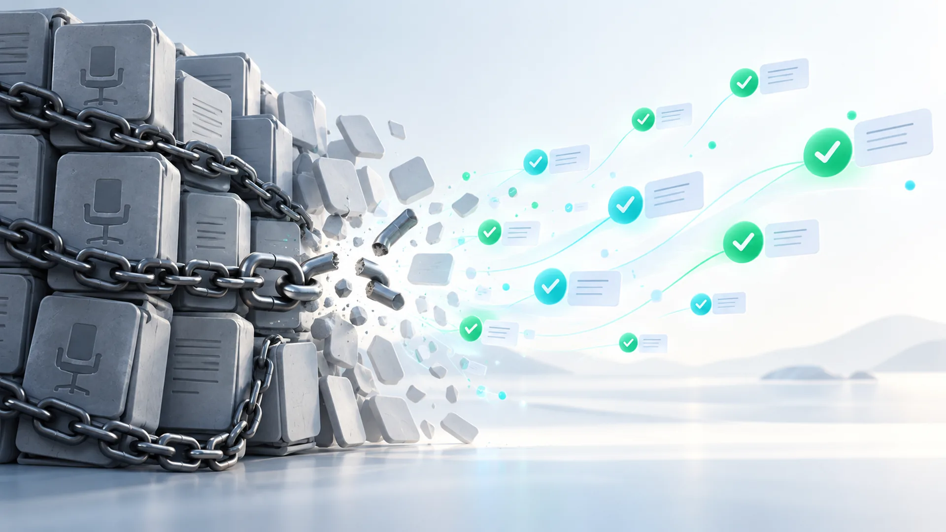 A bright, light-toned abstract scene: on the left, a heavy wall of grey contract slabs and seat-shaped tiles bound in steel chains; in the center a chain link snaps and the slabs break apart; on the right, the fragments become a light stream of cyan and green checkmark tokens, each linked to a small receipt card, flowing into open space.
