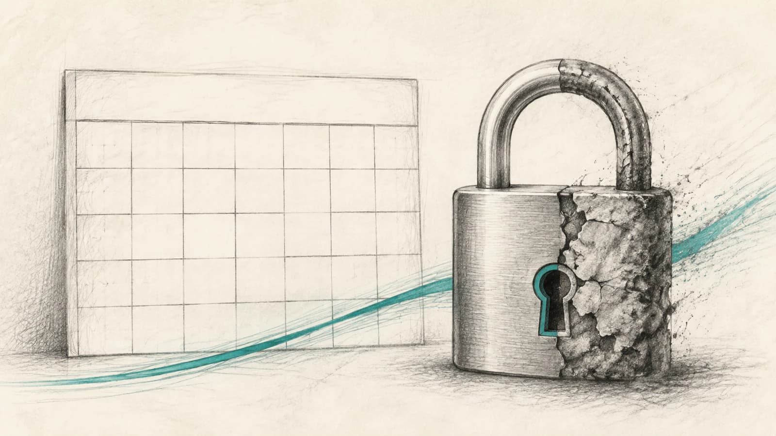 Hand-drawn pencil sketch on cream paper of a padlock split down the middle — the left half pristine polished metal, the right half cracked and crumbling stone with a teal keyhole glow — positioned beside a blank, empty calendar grid, with a single teal accent line sweeping beneath both, visually posing the choice between calendar-driven password expiration and condition-based password strength.