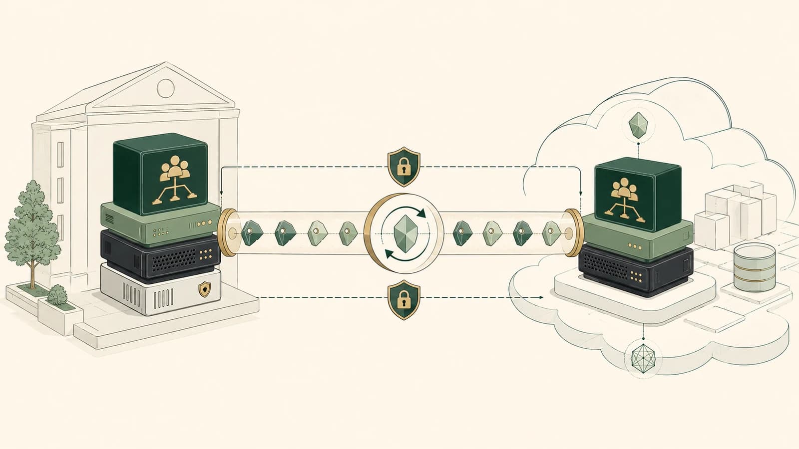 Illustration of a password hash synchronization pipeline connecting an on-premises Active Directory data center on the left to a Microsoft Entra ID cloud directory on the right, with a locked transfer tunnel carrying a stream of encrypted hash tokens and a circular sync-cycle icon at the midpoint, rendered in a muted green architectural style on a cream background.