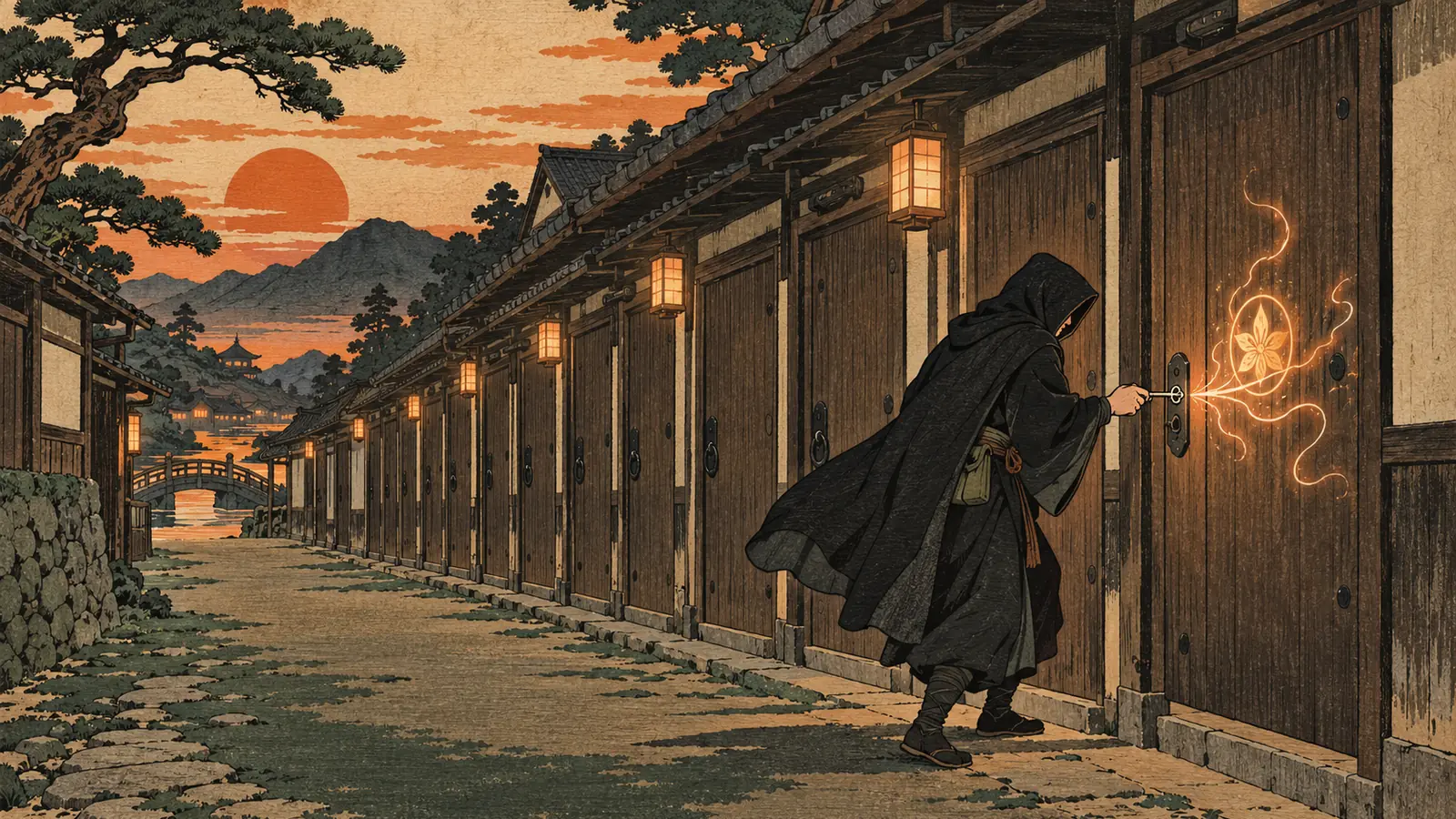 A Japanese ukiyo-e woodblock print in persimmon orange, moss green, and ink black, with no text. Along a village street of identical wooden doors at dusk, a hooded figure moves from door to door trying a single key in each lock, while one door glows with a protective ward that refuses the key.