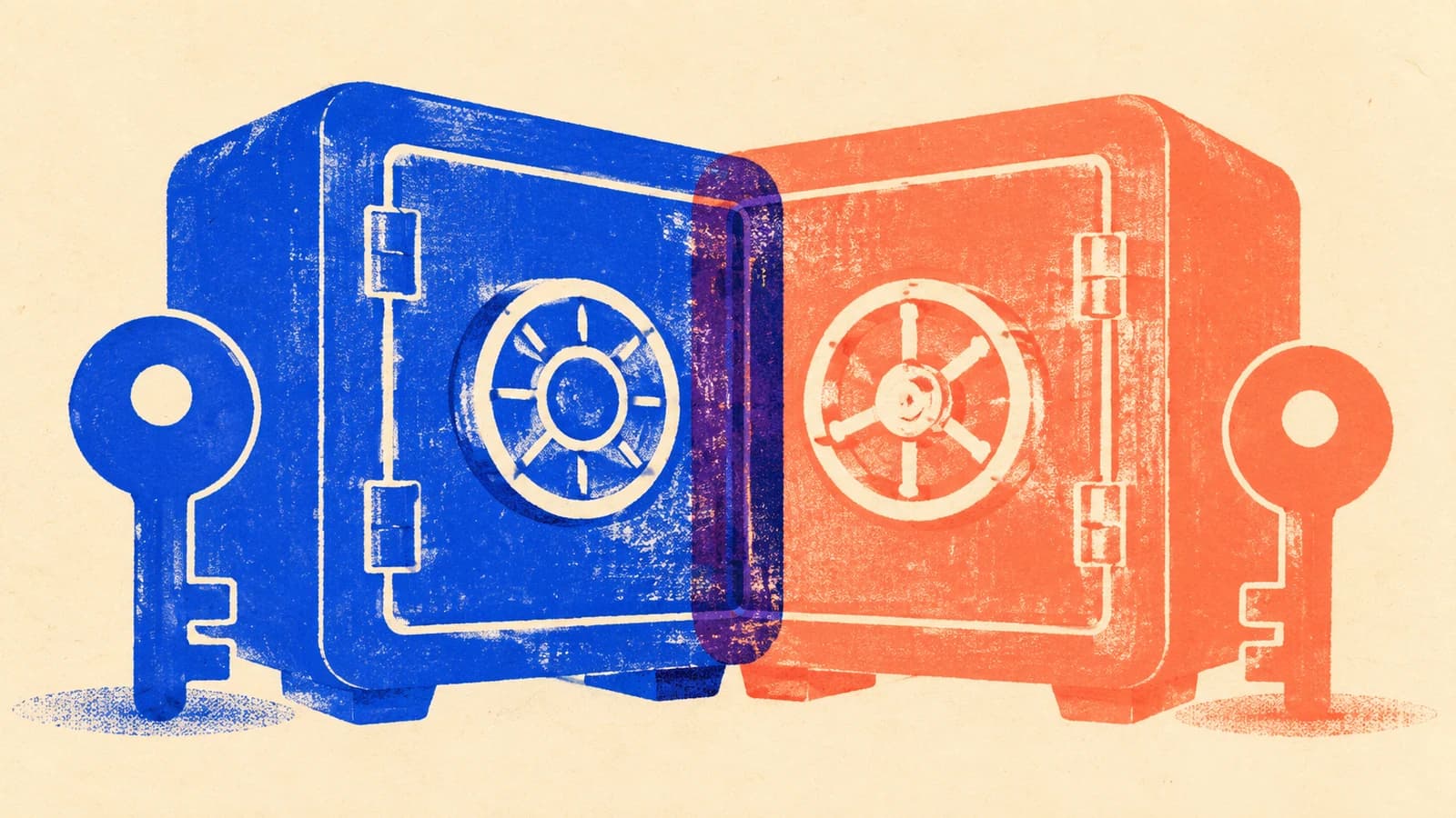 Two-color risograph-style print on off-white stock showing two safes side by side — one printed in deep blue, one in coral — each with a key resting against its door, representing the two distinct disciplines of managing privileged identity and controlling privileged access. No text or numbers, just the paired-safe motif suggesting two locks that protect the same value from different sides.