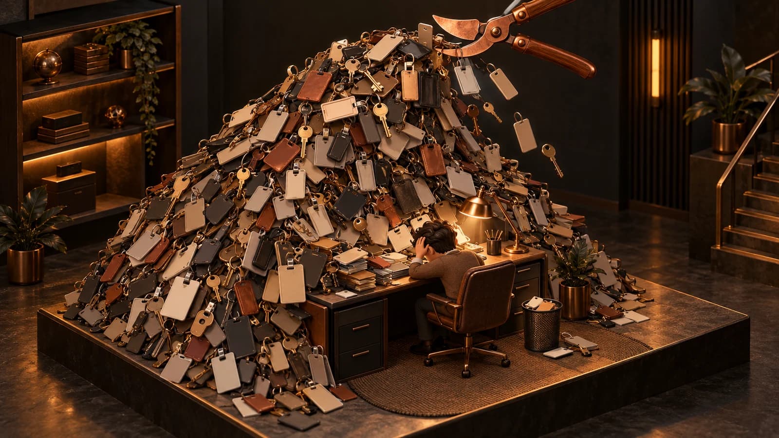 An isometric warm-graphite diorama: a worker at a desk slowly buried under an ever-growing tower of access badges, keys, and permission cards, while a small copper pruning shears trims a few off the top, conveying access quietly accumulating far beyond what the role needs.