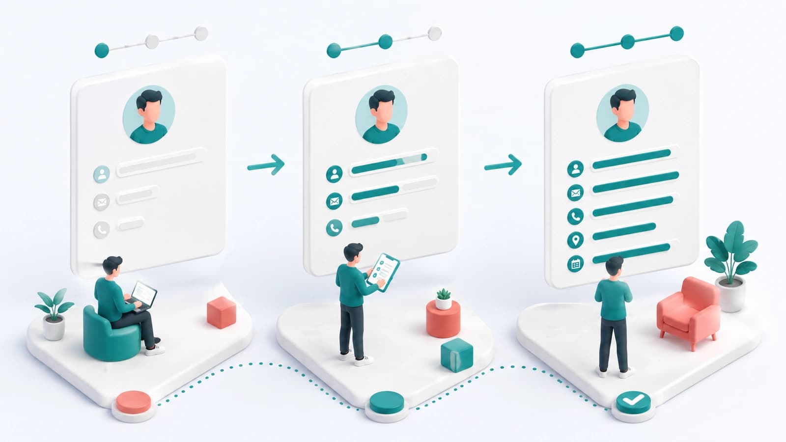 A three-panel illustration of a customer profile card filling in progressively across separate visits — first mostly empty with only a name field, then partially complete with contact details added, then fully populated — connected by a dotted path with checkpoint markers, showing an identity profile assembled incrementally instead of all at once at signup.
