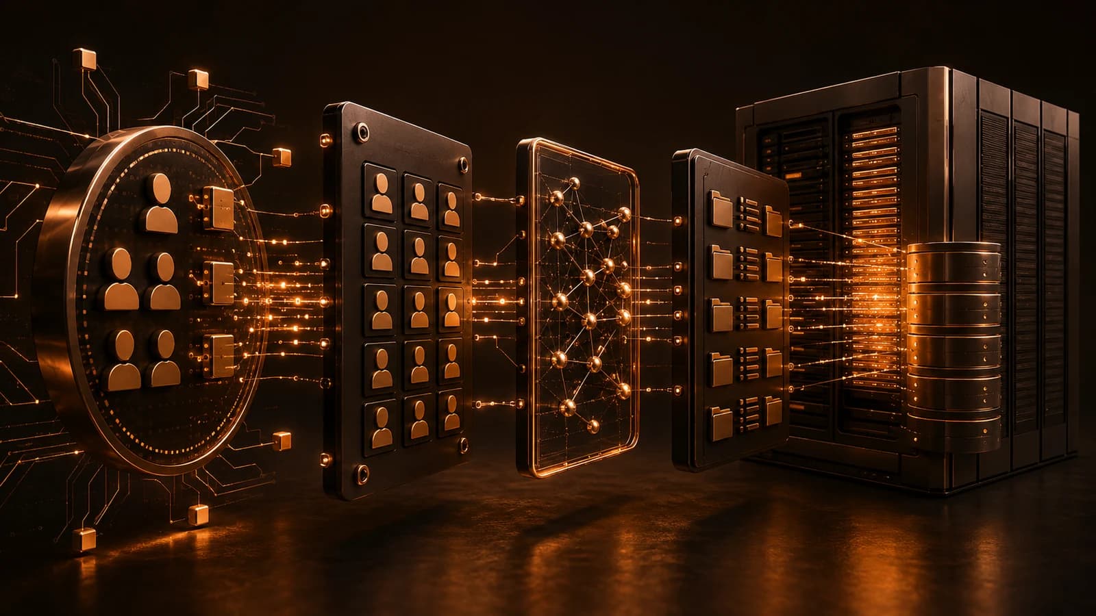 An amber-lit 3D illustration of an identity provisioning pipeline: a circular vault etched with user silhouettes, connected by glowing conduits through panels of user profiles, a mesh network node representing policy mapping, and permission folders, flowing into a mainframe-style server rack — identity data moving from source to system.