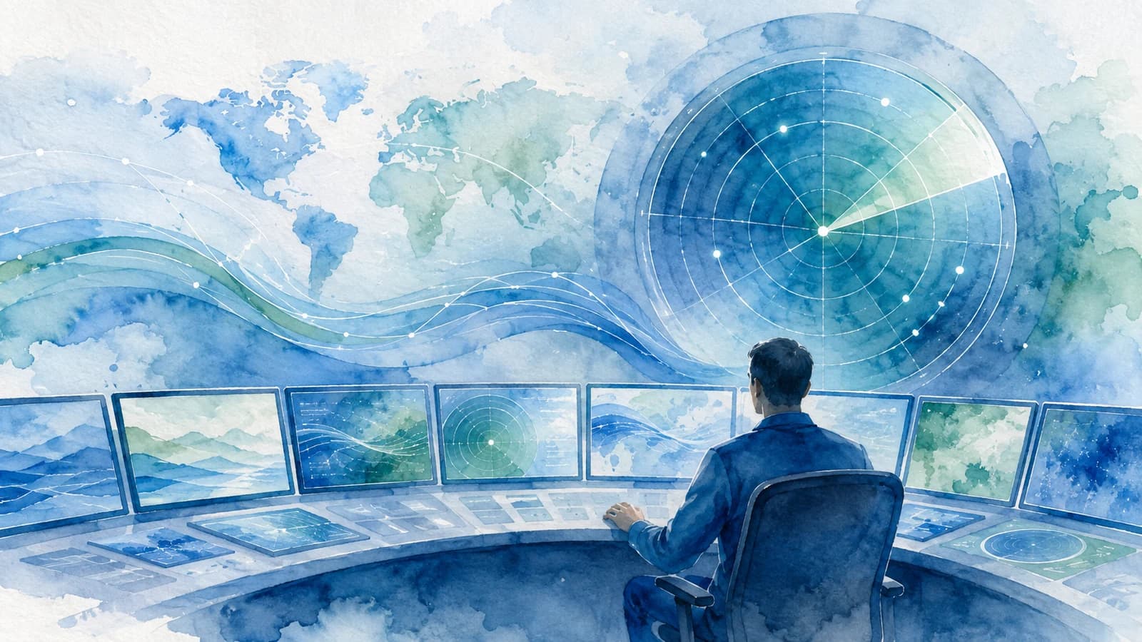 A soft watercolor painting of a person seen from behind, seated at a curved control-room desk lined with multiple glowing monitors, facing a large radar-style scanning dial and a translucent world map overlaid with blue and green wave-like data flows, evoking a calm, painterly compliance-monitoring command center rather than a harsh technical dashboard.
