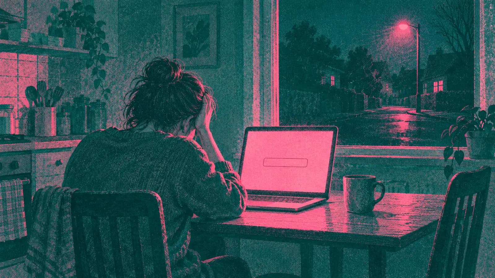 A risograph two-color print in teal and fluorescent pink with grainy overprint, with no text. A quiet kitchen at night, seen from behind and to one side: a laptop on the table shows a blank locked login screen, a person rests their head in one hand, and a window behind them looks onto a dark, empty street.