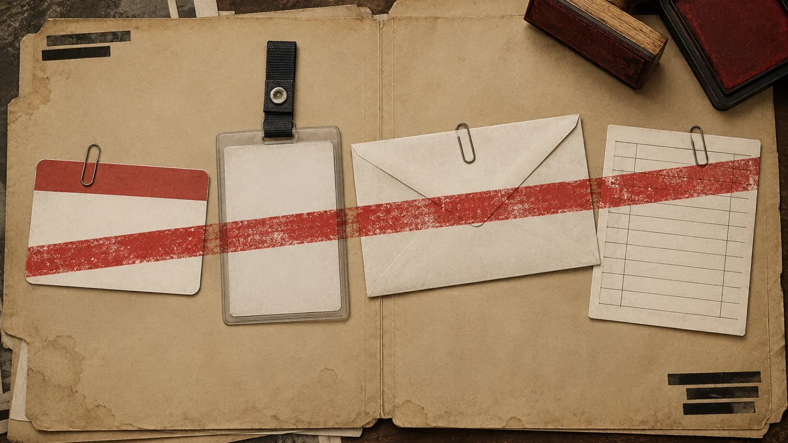 Dossier-style flat-lay on aged sepia paper: an open manila case folder holds a blank name tag, a blank ID badge on a strap, a blank envelope and a lined sign-in card, each paperclipped in a row. One rubber-stamp red ink band sweeps across all four at once, with a wooden stamp and red ink pad in the top corner.