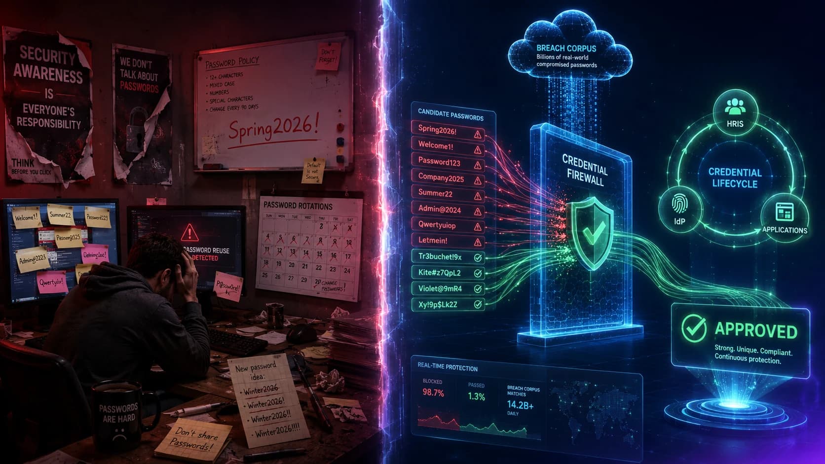 Why weak passwords persist in 2026 despite decades of security training — the breach-corpus credential firewall, automated policy enforcement, joiner/mover/leaver lifecycle, and credential-rotation infrastructure that eliminates the human-error layer at scale.