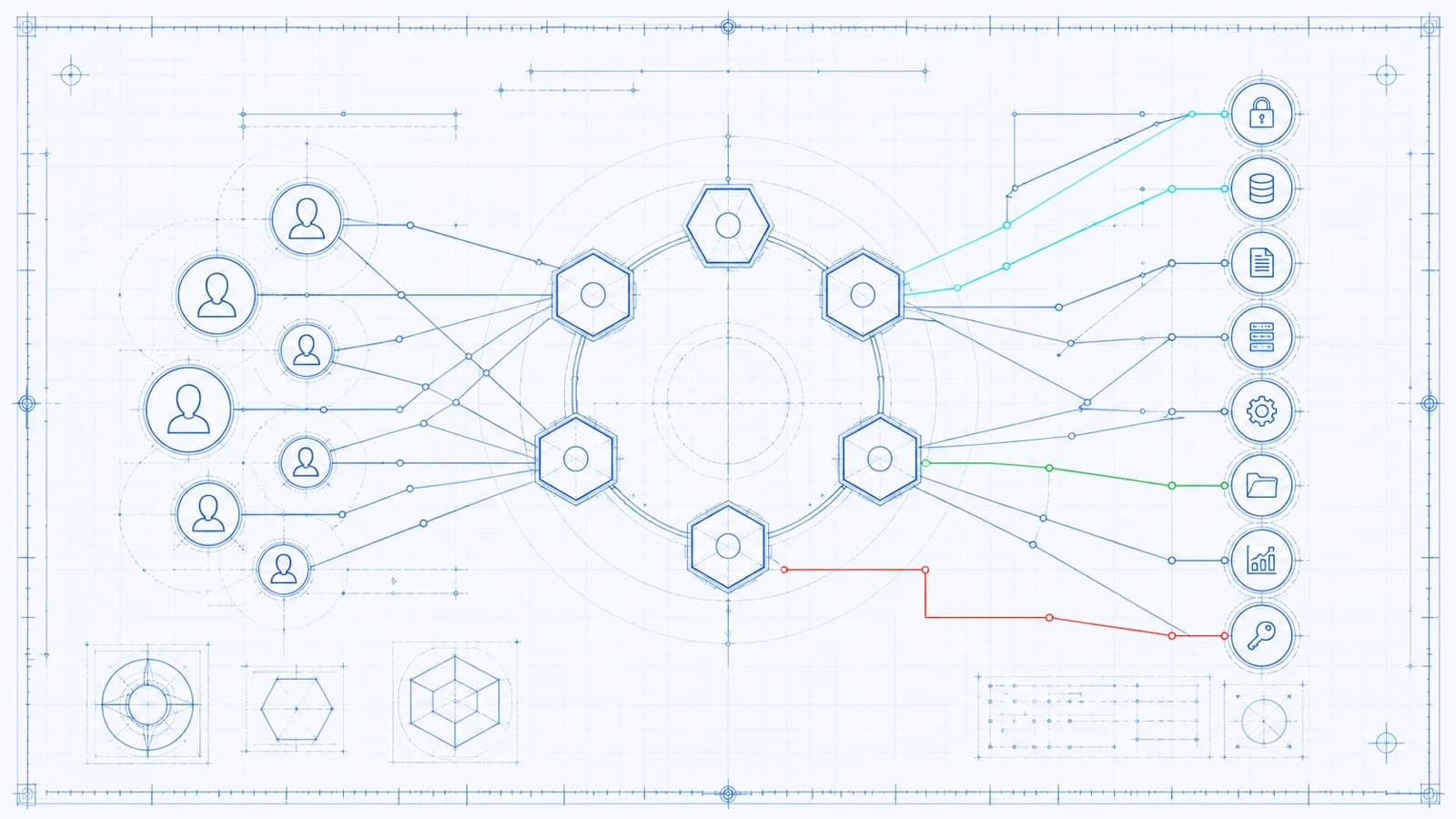 Role-based access control in 2026: a foundational schematic showing users mapping to roles and roles bundling permissions, with a role hierarchy where senior roles inherit from junior ones, least-privilege and separation-of-duties constraints marked, and a banking example where initiation, approval, and settlement sit in separate roles no single identity can combine.