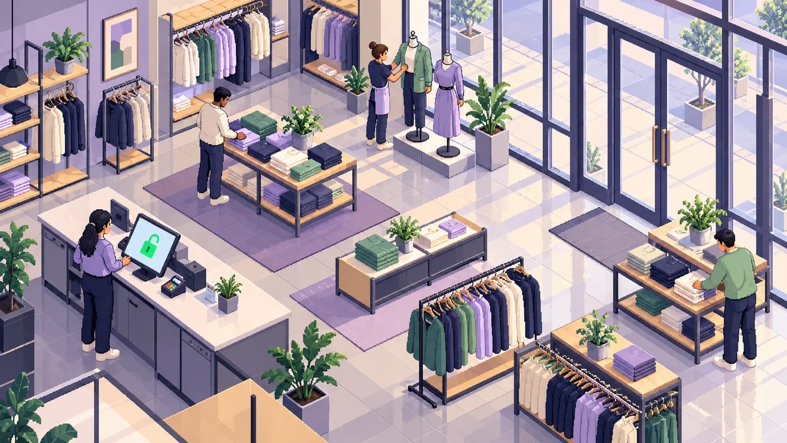 An isometric pixel-art scene in soft lilac, slate grey and cream with mint accents, with no text. Inside a modern clothing store a few minutes before opening, staff fold shirts and dress mannequins while the store manager at the checkout counter sees a green open-padlock icon on the point-of-sale screen, the street outside still empty.