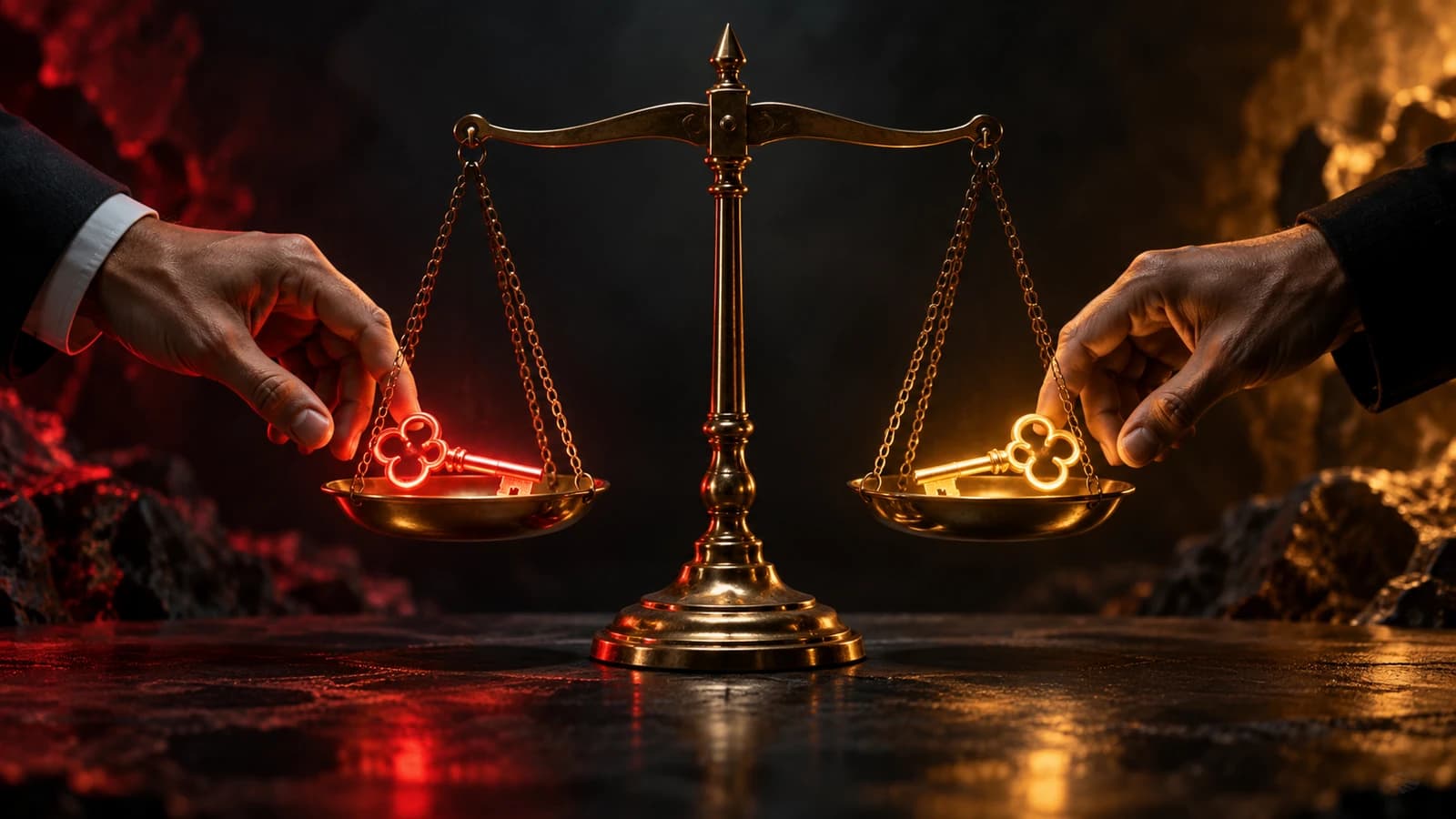 Surreal photographic composition of a brass balance scale against a charcoal background, each pan holding a different glowing key kept deliberately apart — one lit amber, one lit red — so that no single hand can reach both at once, dramatizing separation of duties as the deliberate splitting of a risky transaction across two roles that must never collapse into one.