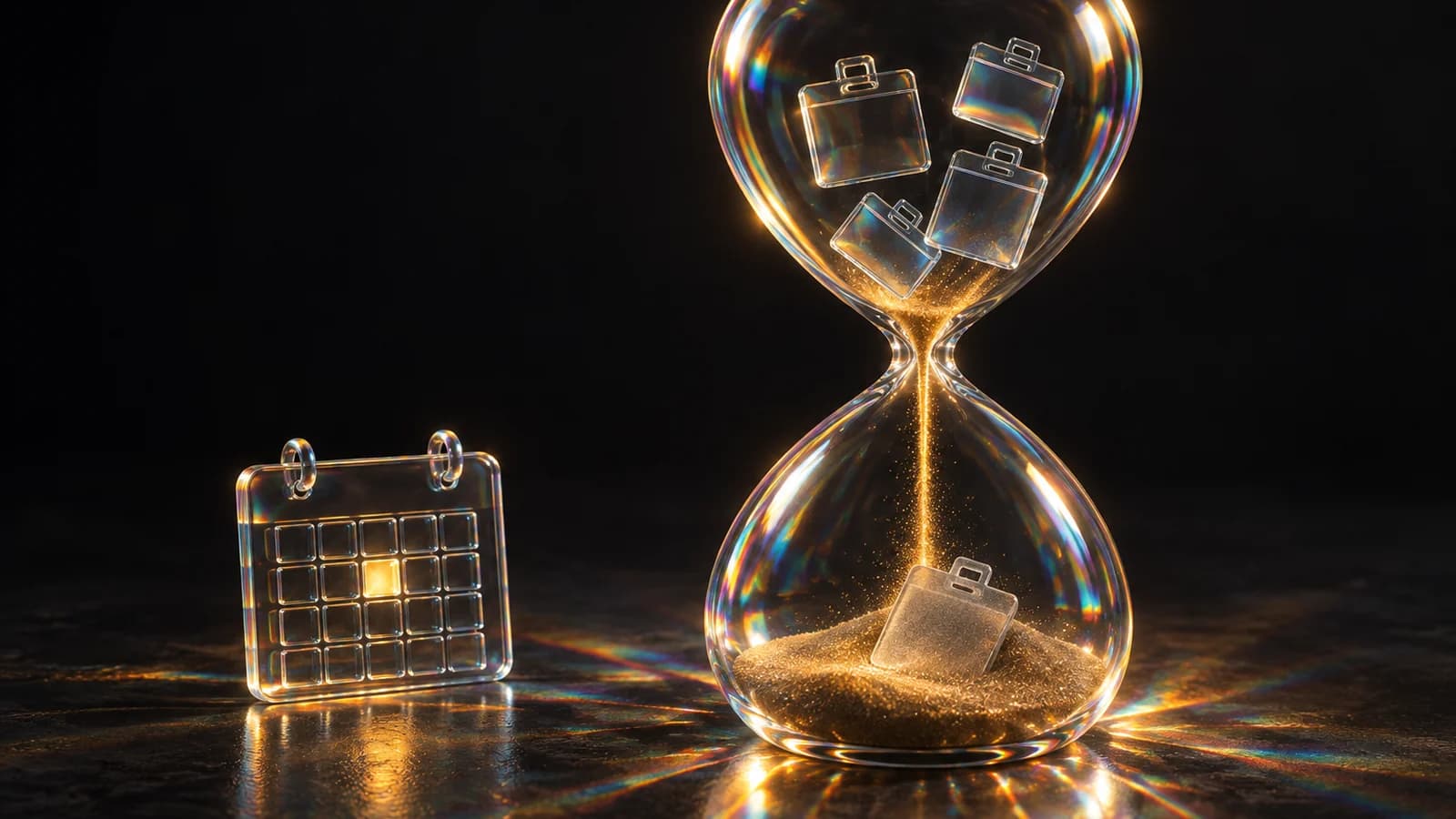 Liquid-glass still life on a near-black floor: a tall iridescent glass hourglass holds four blank glass ID badges in its upper bulb while a thin stream of glowing amber sand falls to the lower bulb, where one frosted badge rests in the sand. To the left, a clear glass calendar tile lights a single amber square, and rainbow caustics spread across the dark floor.