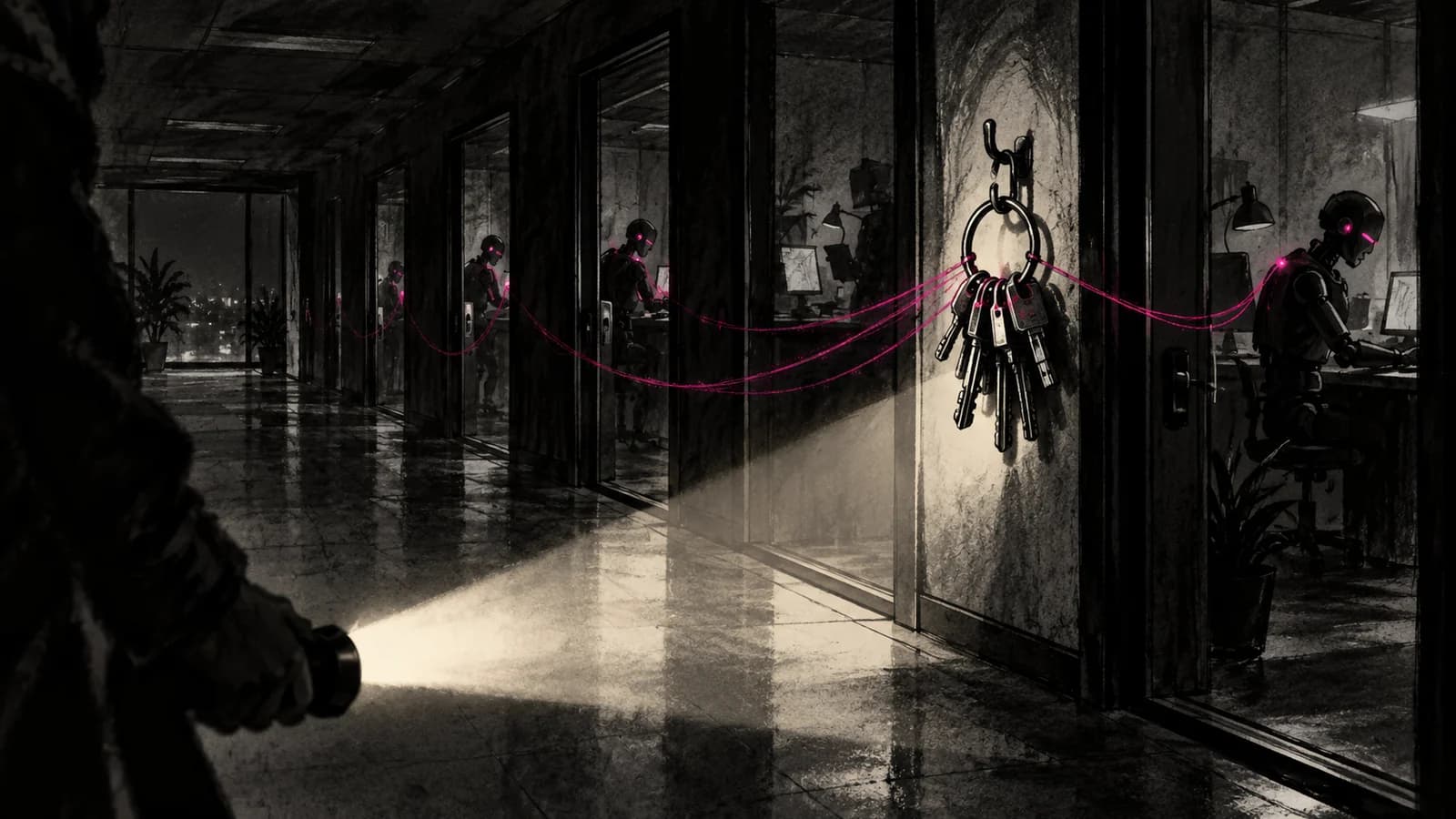 A noir charcoal-and-ink-wash illustration in deep blacks and greys with a single electric magenta accent, with no text. In a dim office corridor at night, robot figures work behind glass doors, each tied by thin magenta threads to one ring of keys hanging on a hook, while a flashlight beam from the foreground falls across the floor toward them, suggesting agents running on borrowed credentials.