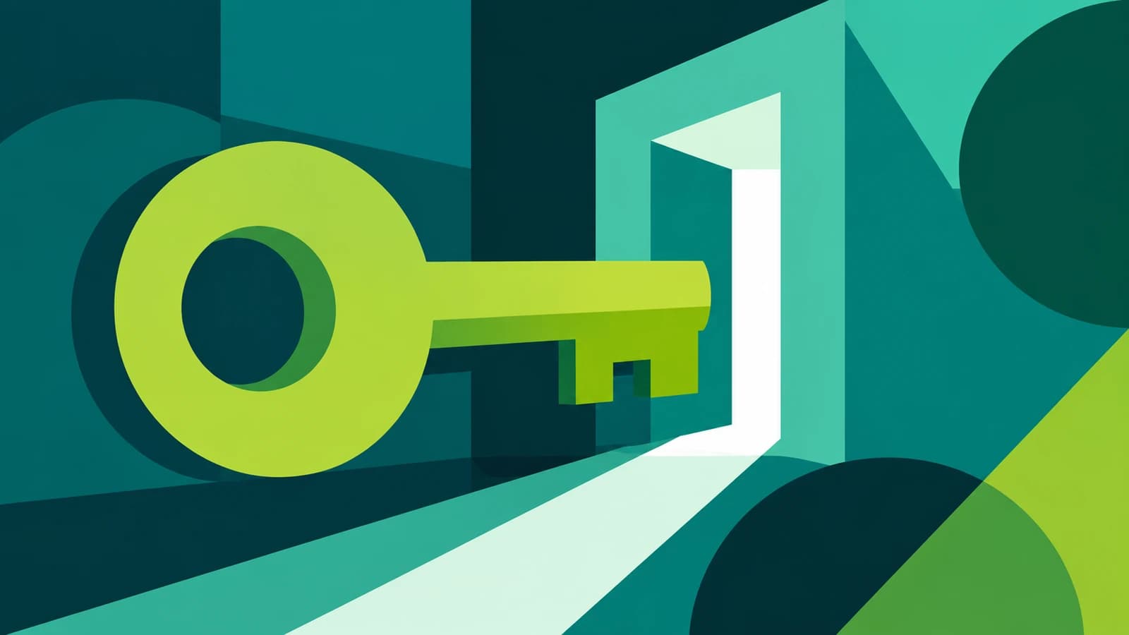 Bold flat typographic illustration in teal and green of an oversized key unlocking an open door with light streaming through, symbolizing that basic SSO login is only the first step through the door — not the full extent of access management.