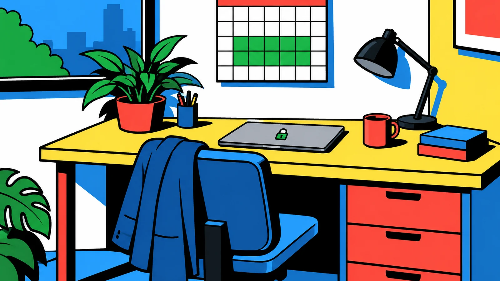 Neubrutalist flat poster of a paused desk: a closed laptop with a green padlock on its lid, a pushed-in chair with a jacket on its back, a switched-off lamp and a wall calendar with a block of weeks highlighted green, in yellow, red and blue blocks with thick black outlines and hard shadows.