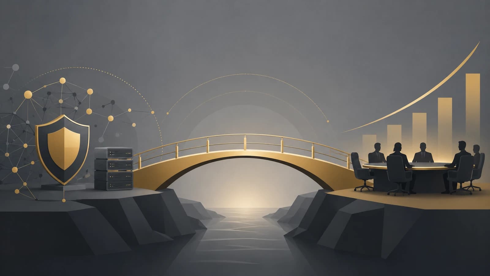 A gold suspension bridge spans two cliffs above a dark ravine. The left cliff holds a glowing shield, stacked server hardware, and a network of connected nodes representing security infrastructure. The right cliff holds a boardroom table with silhouetted executives beside a rising gold bar chart, representing business outcomes the bridge translates technical risk into.