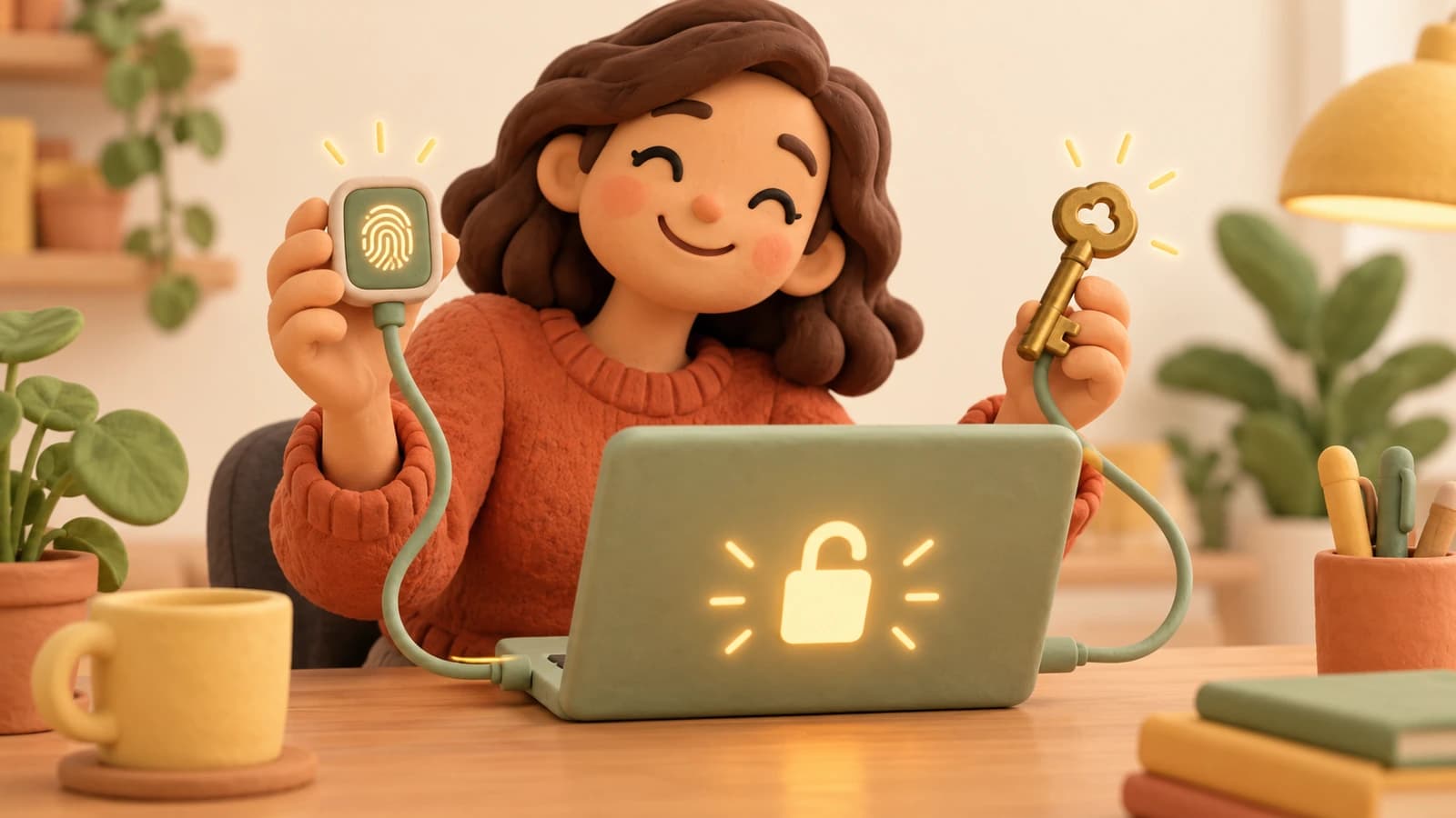 A soft clay 3D render in terracotta, butter yellow, and sage green, with no text. A cheerful office worker at her desk holds up a glowing fingerprint sensor in one hand and a classic brass key in the other, both connected by cables to the same laptop, which shows an open padlock.