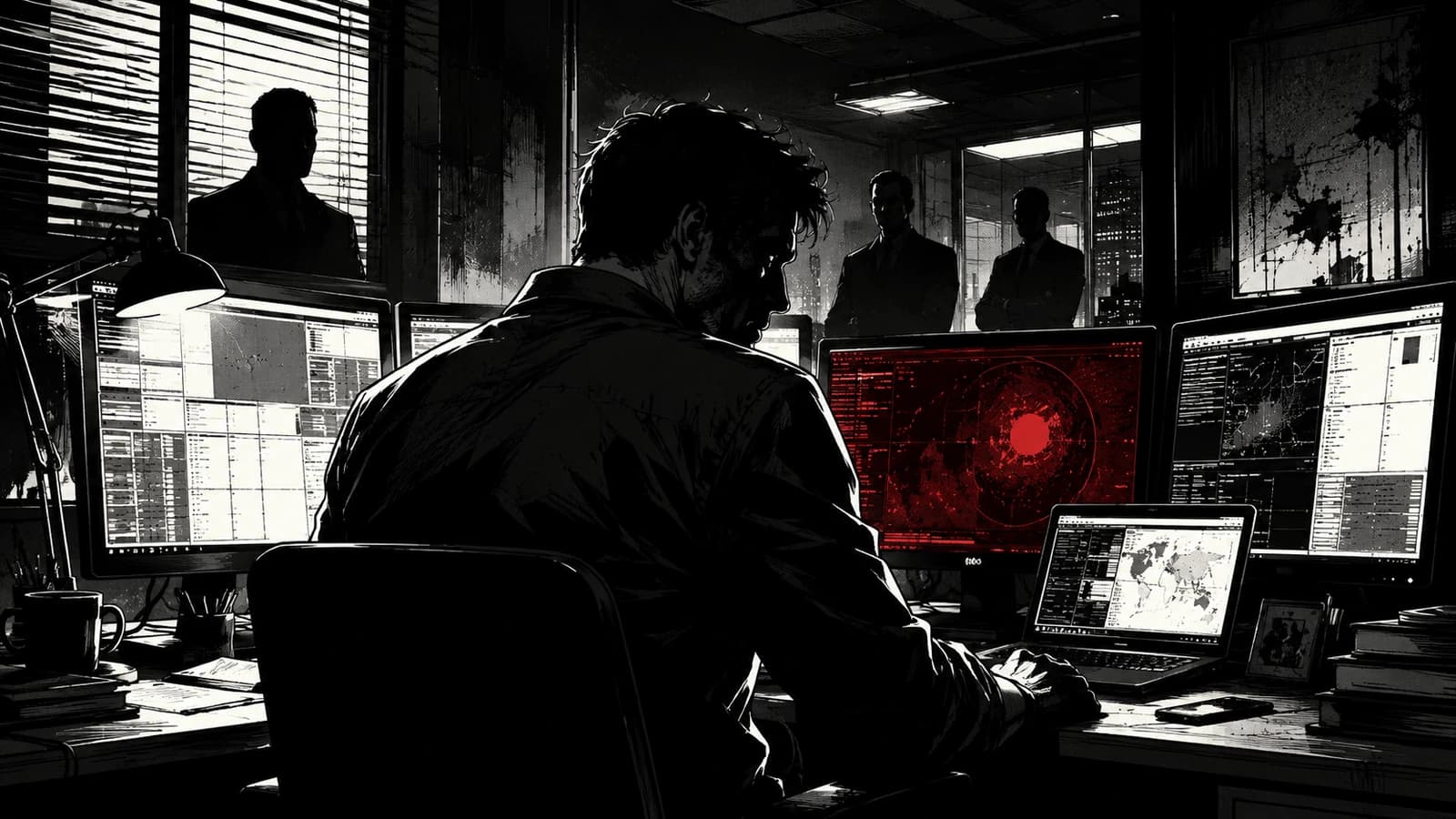 Black-and-white noir comic illustration of an analyst seen from behind at a multi-monitor security desk late at night, one screen glowing red with a radar-style anomaly alert while three silhouetted figures watch through the office window behind him, evoking the tension of catching an insider threat in progress.