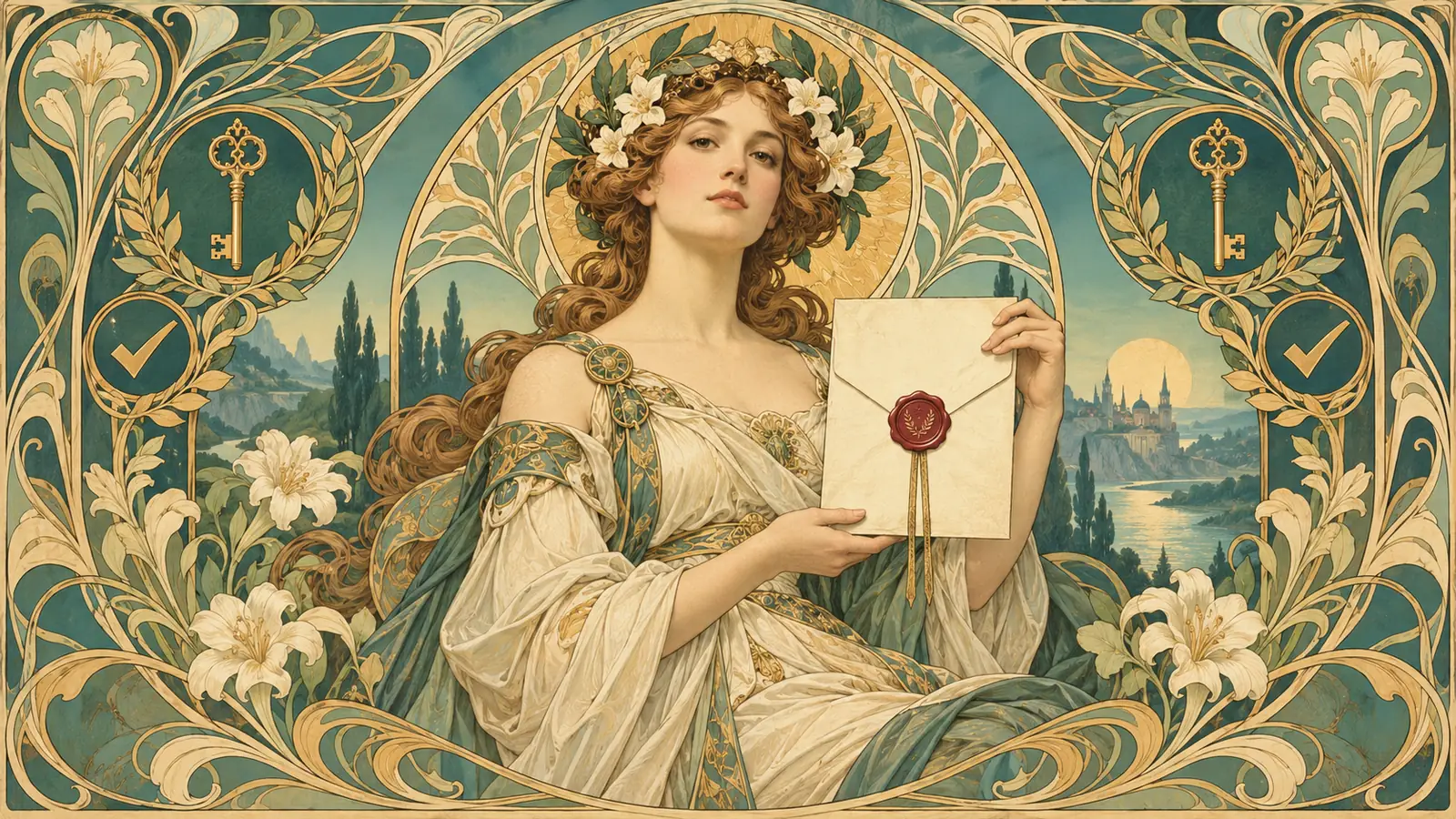 An Art Nouveau poster in muted teal, antique gold and ivory, with no text. A woman crowned with laurel and lilies, framed by an ornamental arch, holds up a sealed letter with a red wax seal between gold key and checkmark medallions, suggesting one finished piece of identity work and its record.