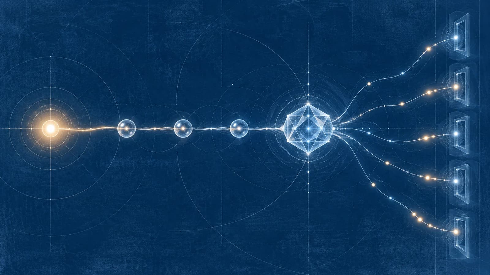 An abstract dark-navy composition with no text. A warm point of light representing a human principal sits at the left and extends a thin cyan thread through a short chain of glass nodes to a faceted geometric form representing an AI agent. Where the agent touches a row of system panels, small green marks record each action along the thread. A soft violet glow rises from the lower right.