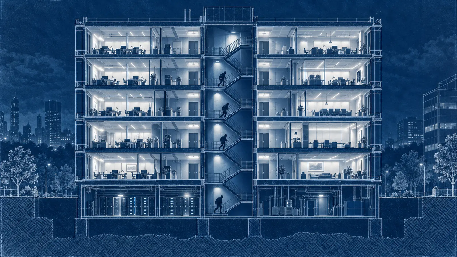 A cyanotype blueprint in Prussian and ice blue, with no text. A vertical cutaway of a six-floor office tower shows lit workstations on every floor and a server room in the basement, while a shadowy intruder climbs the central stairwell from floor to floor, finding each floor secured.