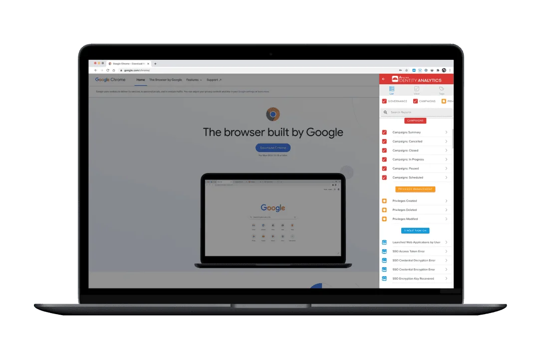 Avatier for Chrome showing security metrics and alerts in a side panel