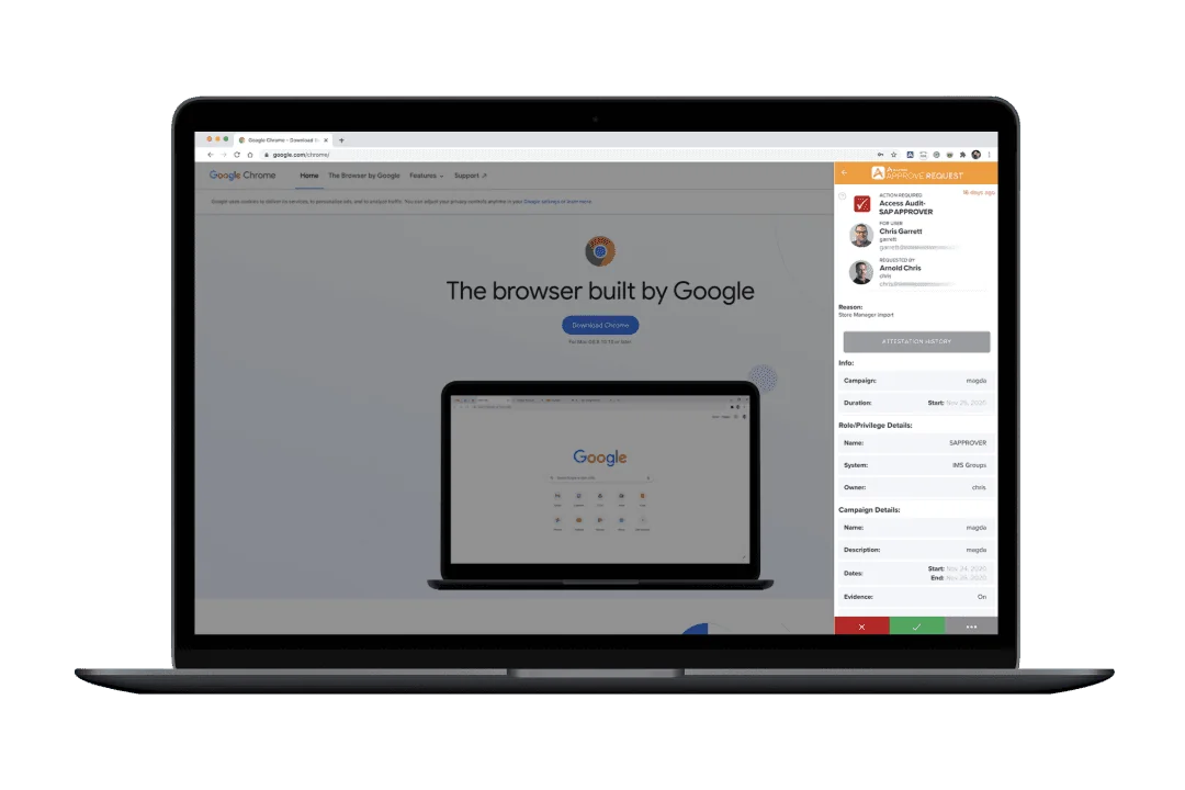 Avatier for Chrome showing an access certification with approve and deny actions