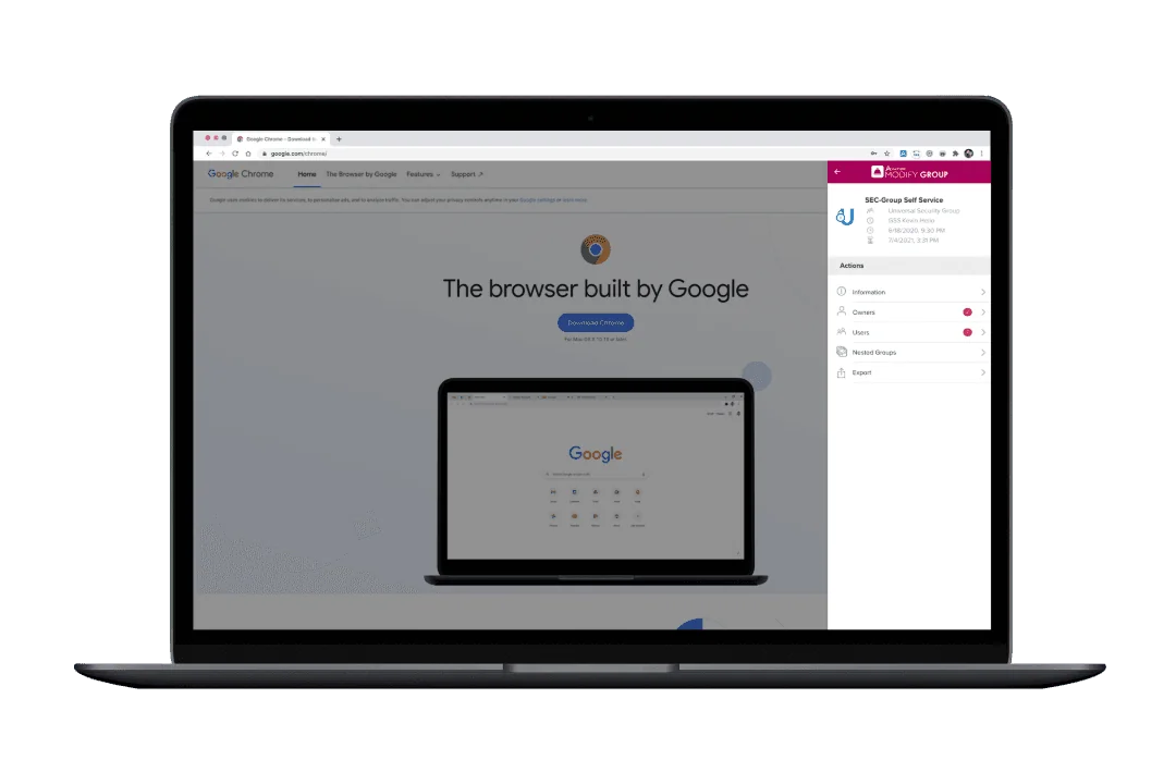Avatier for Chrome showing a group self-service panel with group details and actions