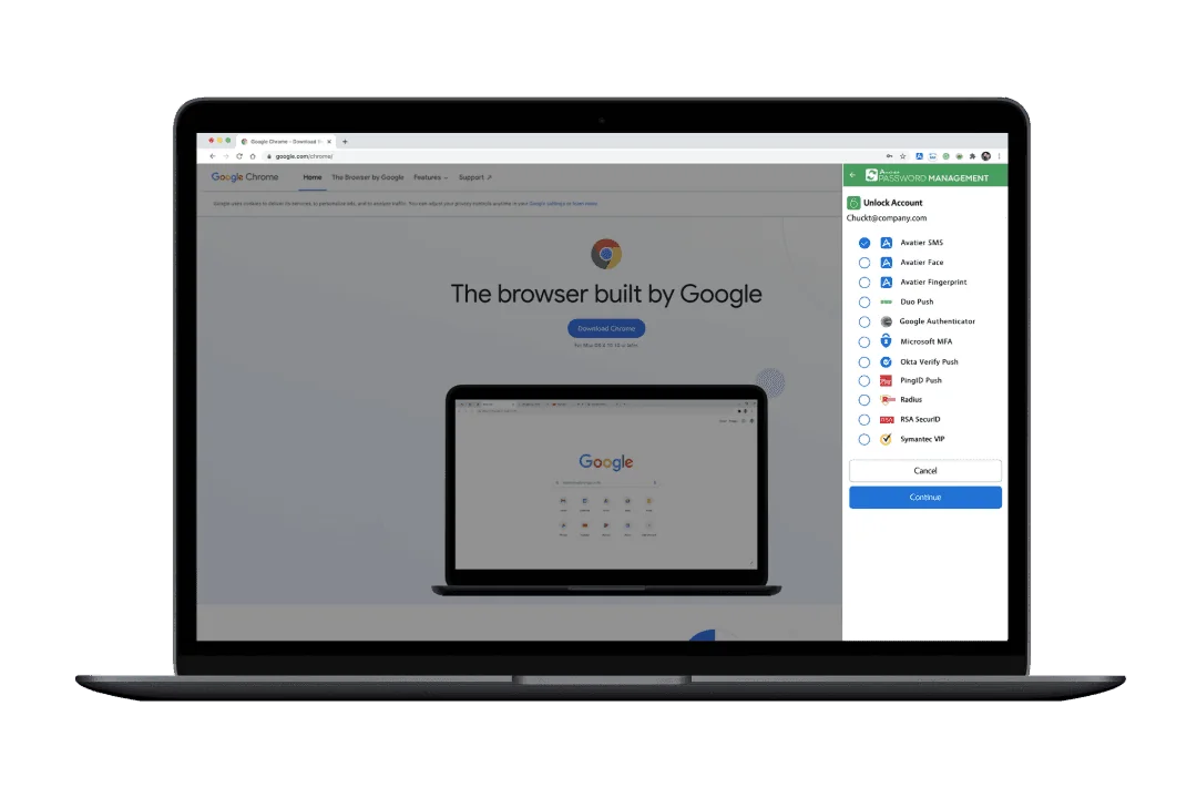Avatier for Chrome showing the MFA method picker for a self-service password reset