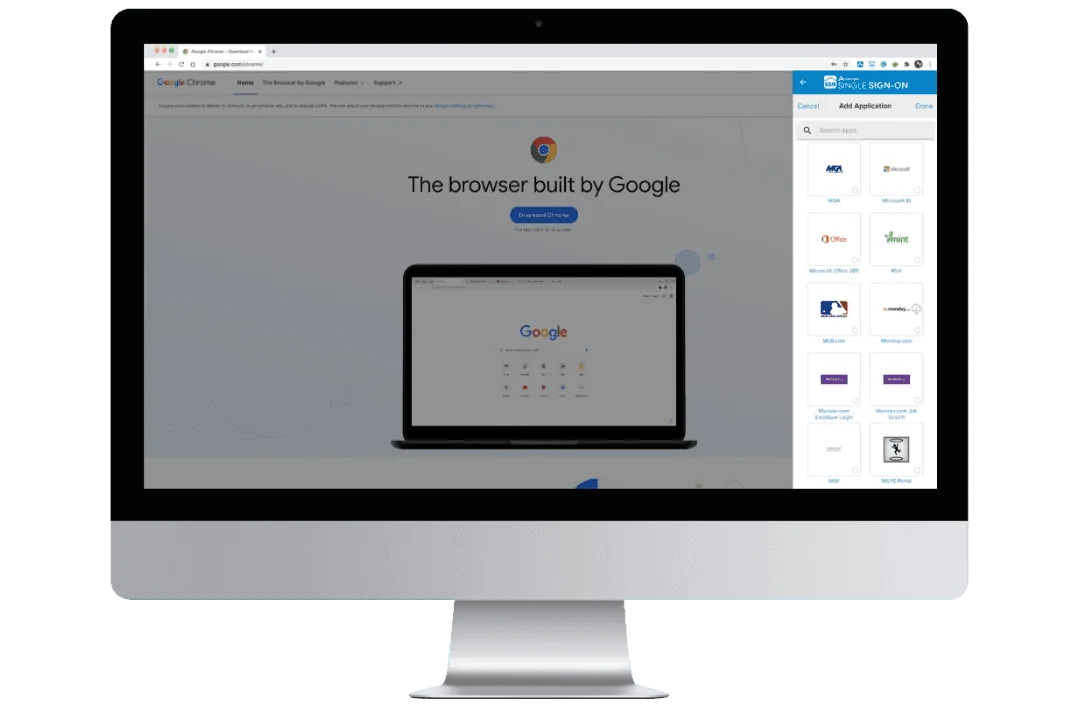 Avatier for Chrome showing the single sign-on app launcher in a side panel next to a Chrome tab