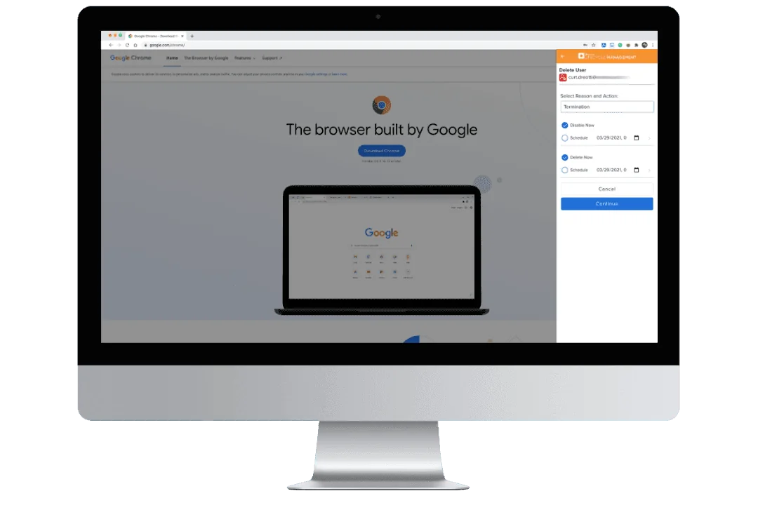 Avatier for Chrome showing a request to disable a user now and delete the account on a later date