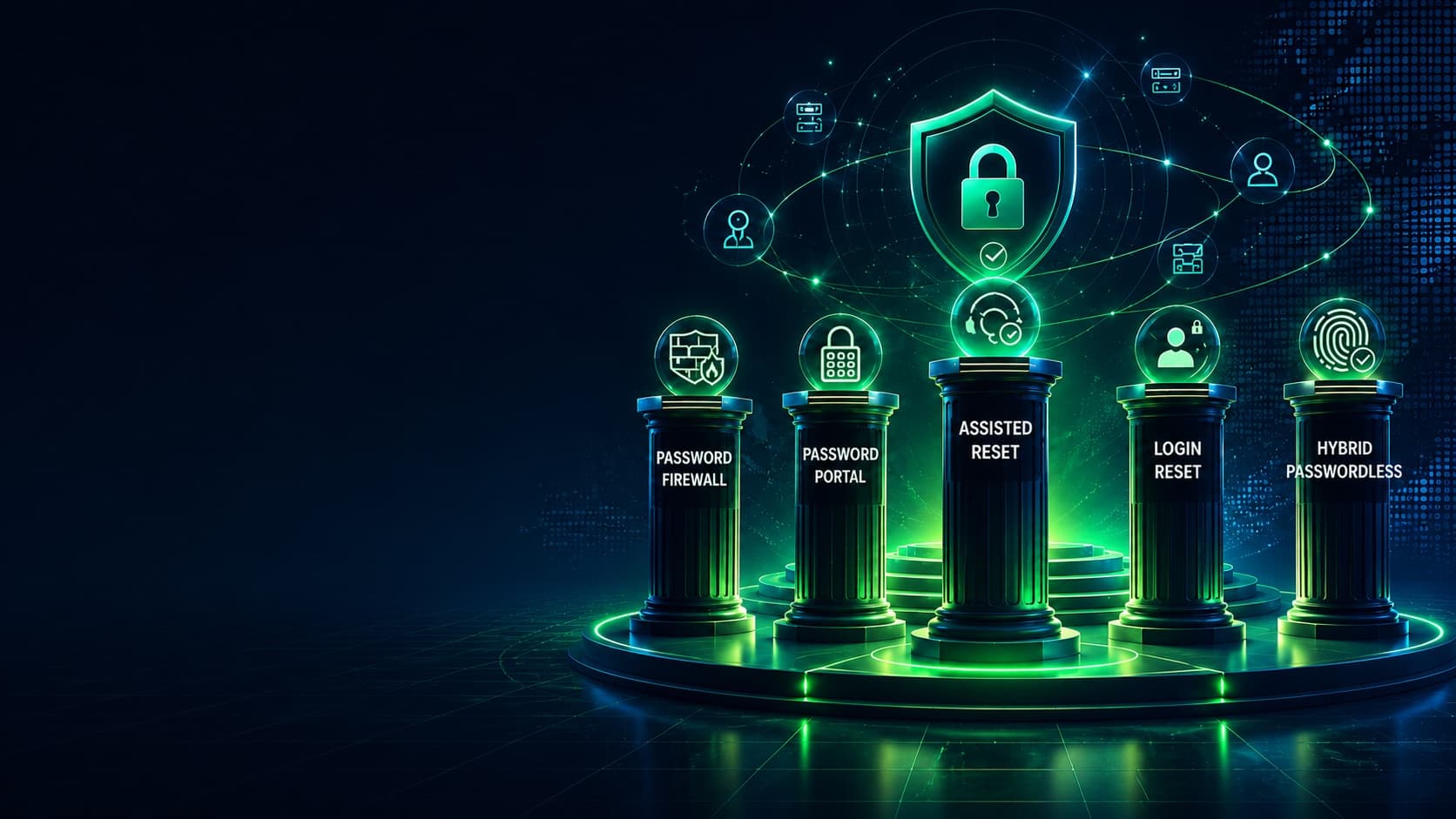 The Avatier Credential Governance framework — six pillars: Password Firewall, Password Portal, Assisted Reset, Login Reset, Strong MFA + Password, and Hybrid Passwordless Login, beneath a central credential-security shield.