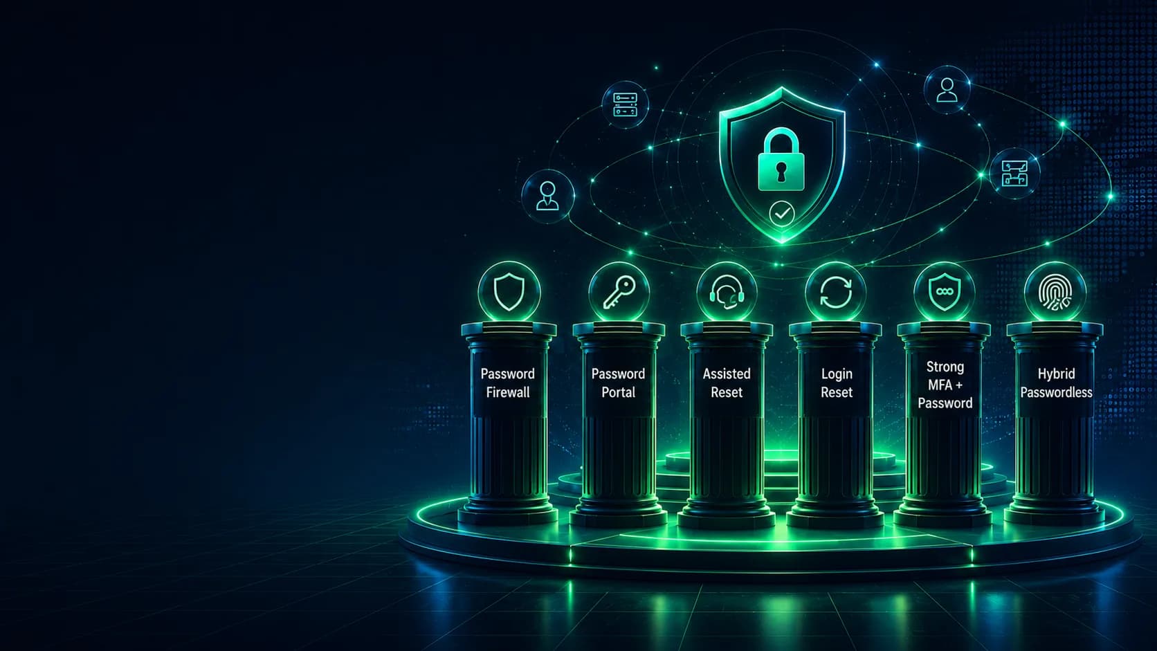 The Avatier Credential Governance framework — six pillars: Password Firewall, Password Portal, Assisted Reset, Login Reset, Strong MFA Login, and Hybrid Passwordless Login, beneath a central credential-security shield.