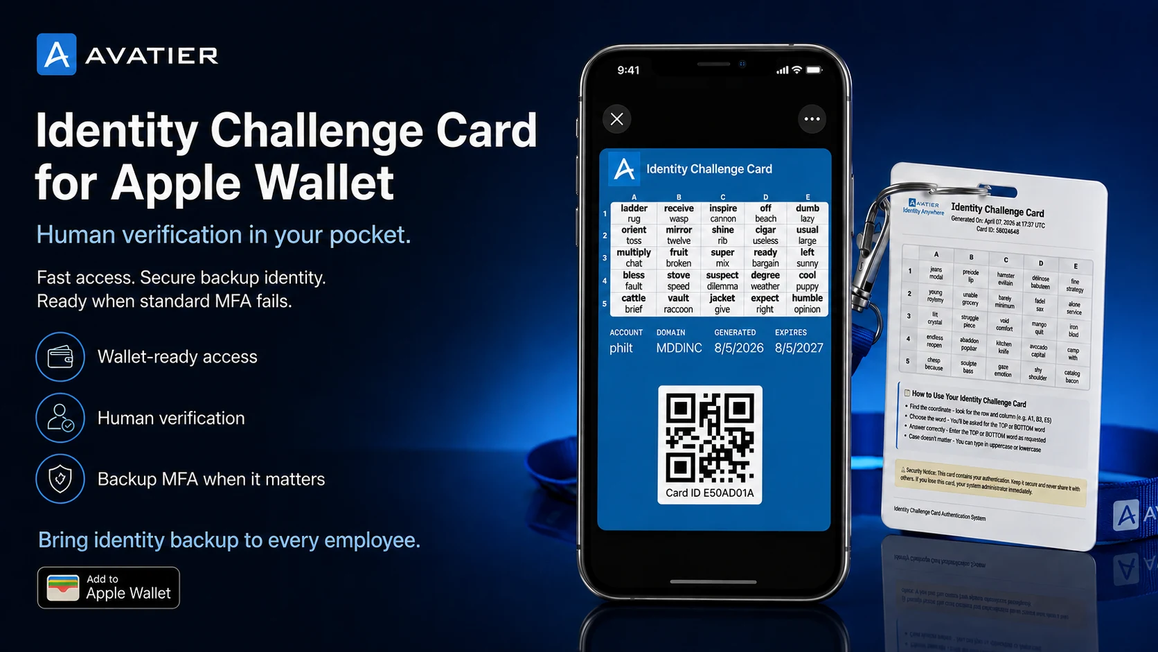 Identity Challenge Card for Apple Wallet — human verification in your pocket, shown in the iPhone Wallet app alongside the printed challenge card