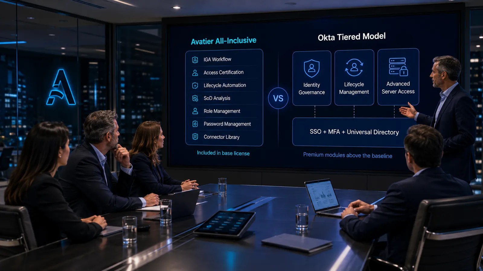 A boardroom wall display comparing the Avatier all-inclusive licensing model — IGA workflow, access certification, lifecycle automation, SoD analysis, role management, password management, and the connector library included in the base license — against the Okta tiered model where SSO, MFA, and Universal Directory form the friendly baseline and Identity Governance, Lifecycle Management, and Advanced Server Access are premium modules priced above the federation baseline.