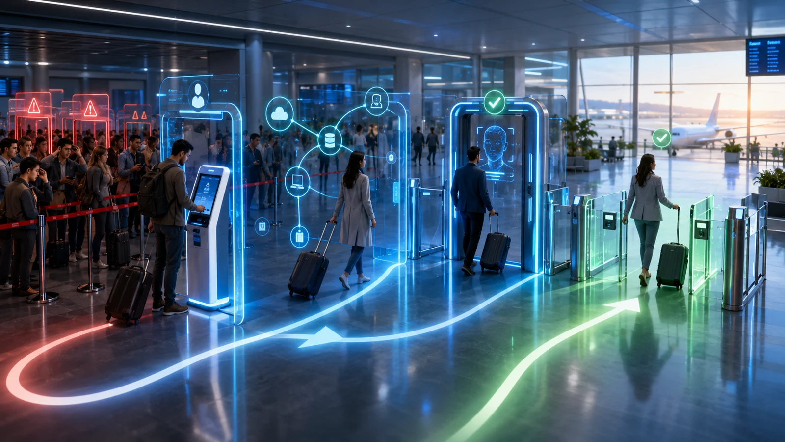 Photorealistic checkpoint scene of a single traveler walking smoothly through green-lit verification gates while others self-serve at kiosks — a metaphor for the hardened reset path where identity is verified out-of-band, the agent works least-privilege (reset but cannot read secrets), every action is logged, and a one-time credential forces a change at next login.