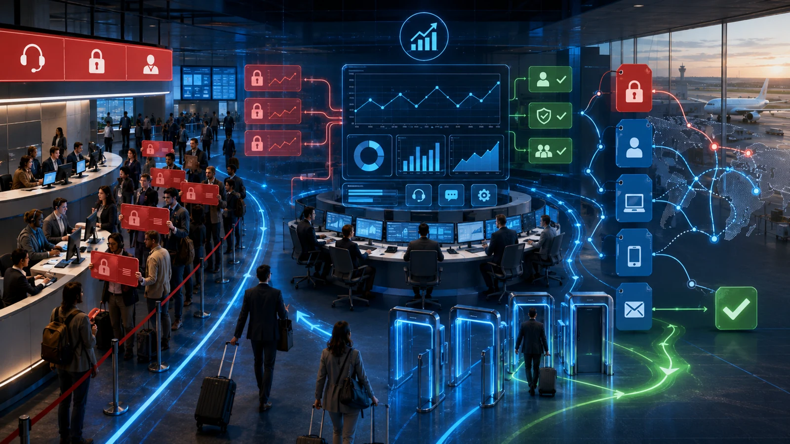 Photorealistic support operations center where agents work beneath a large holographic dashboard of live identity-support KPIs — trend charts, tiles and status icons in blue, green and red — standing in for the metrics that matter: ticket volume, the password-related share, mean time to resolve, first-contact resolution, cost per ticket, and self-service adoption.