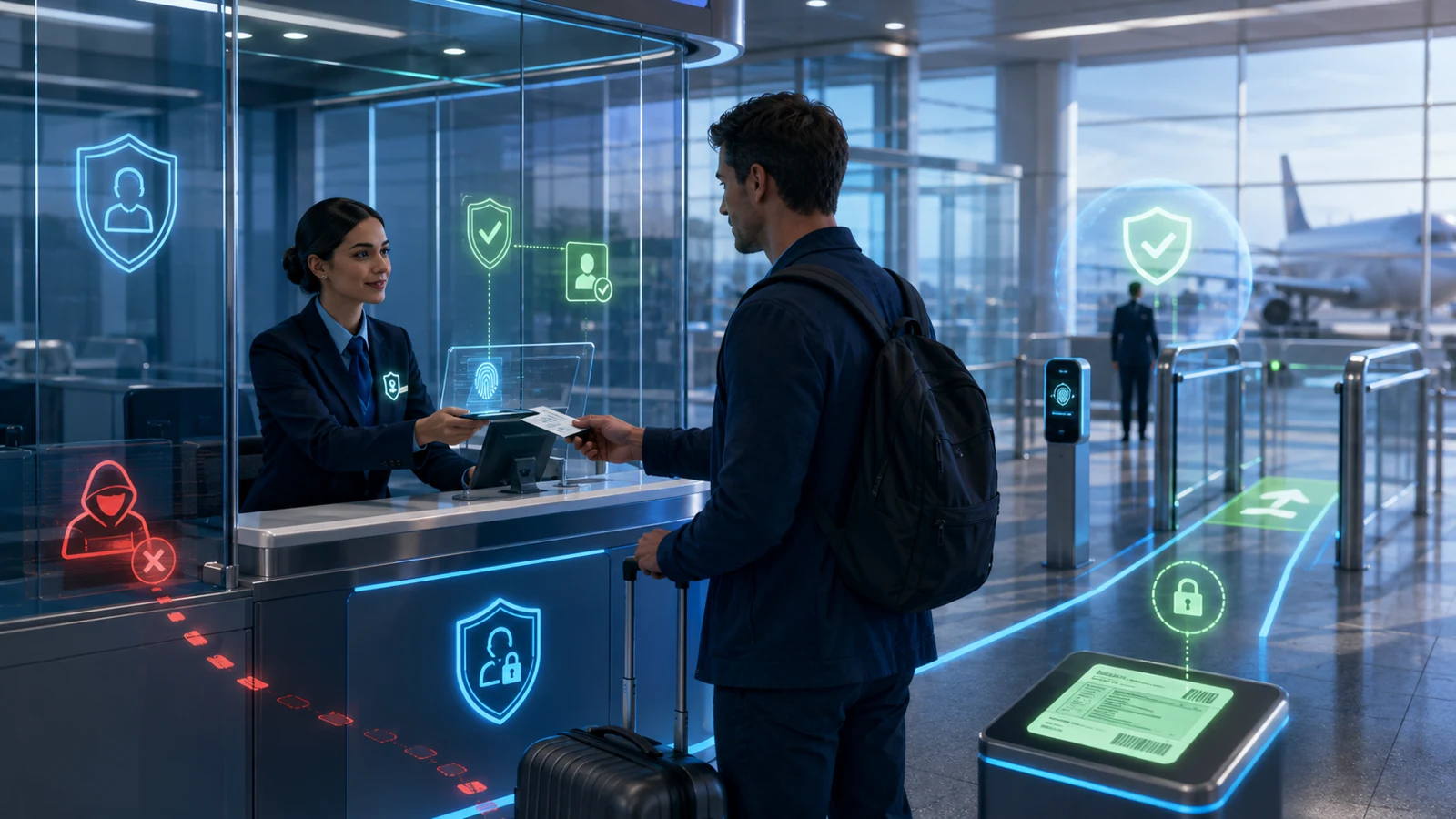 Photorealistic scene of a help-desk agent at a glass counter assisting one traveler who is completing a verification step at a self-service kiosk, green shield and check icons floating between them — a picture of the residual, high-value help-desk role after self-service absorbs the routine resets: handling the exceptions that genuinely need a human.
